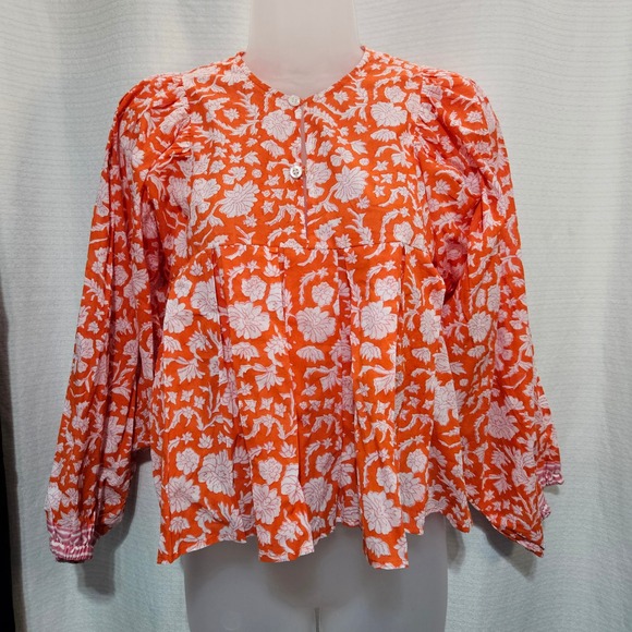 Tops - Orange Floral Puff Sleeve Peasant Blouse Women's small babydoll Festival whimsi